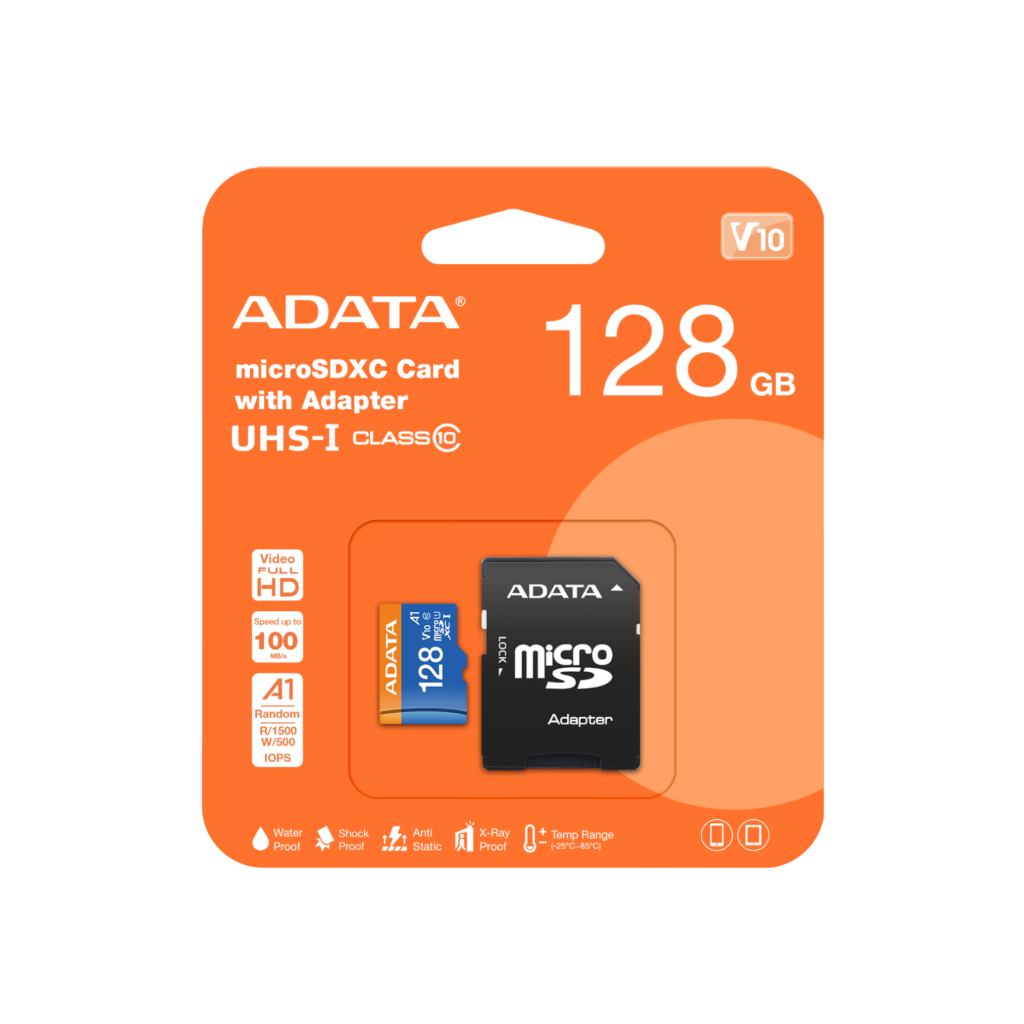 کارت حافظه 128 گیگابایت ای دیتا مدل ADATA MICRO SDXC UHS-I V۱۰ R۱۰۰W۲۵+ADP ۱۲۸G